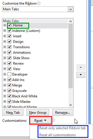 Reset lại thay đổi thanh công cụ Ribbon